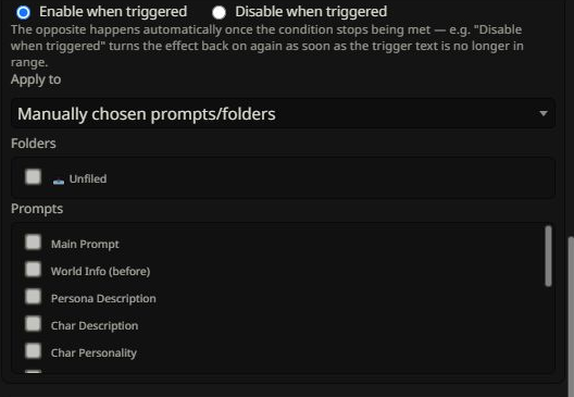 Choose Enable when triggered and Manually chosen prompts/folders, then check your atmosphere prompt. No targets are checked in this unsaved example.