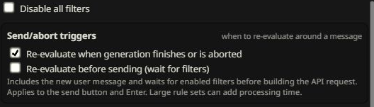 The master switch and two independent send/abort checkboxes control when rules run. Before sending is unchecked by default.